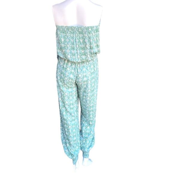Skemo Turquoise Aqua Bohemian Beachy Beaded Strapless Smocked Blouson Jumpsuit M - Picture 5 of 10